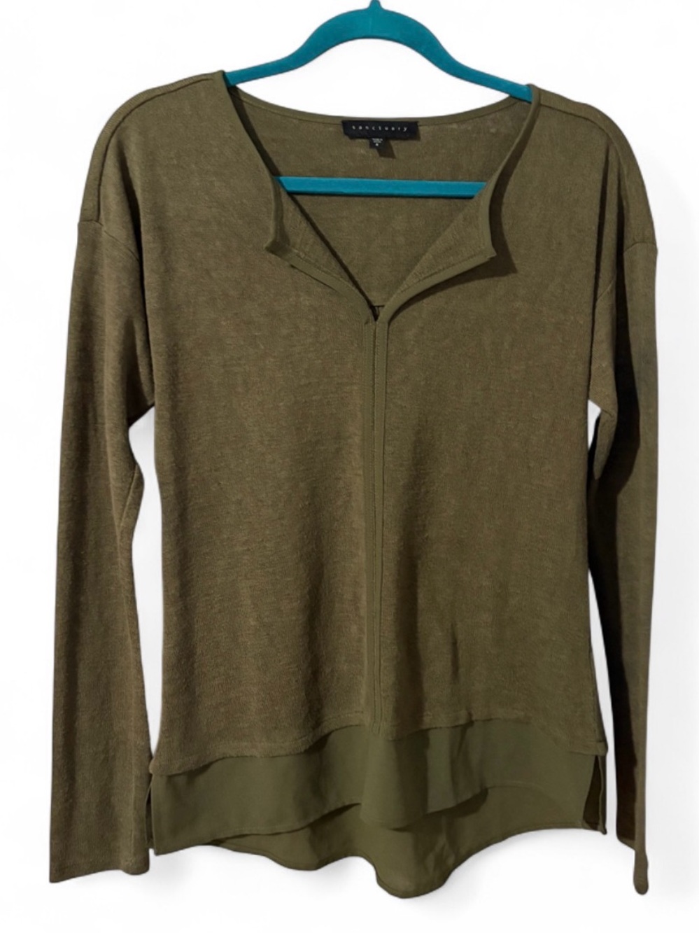 Sanctuary Small Olive Green Mixed Media Rayon Layered Hem Tunic Top Blouse